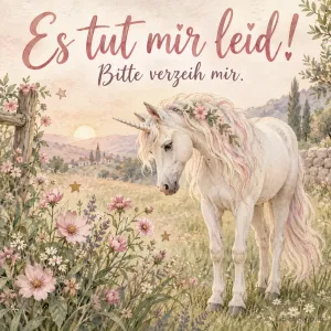 Weißes Einhorn auf einer Blumenwiese, Text: Es tut mir leid! Bitte verzeih mir.