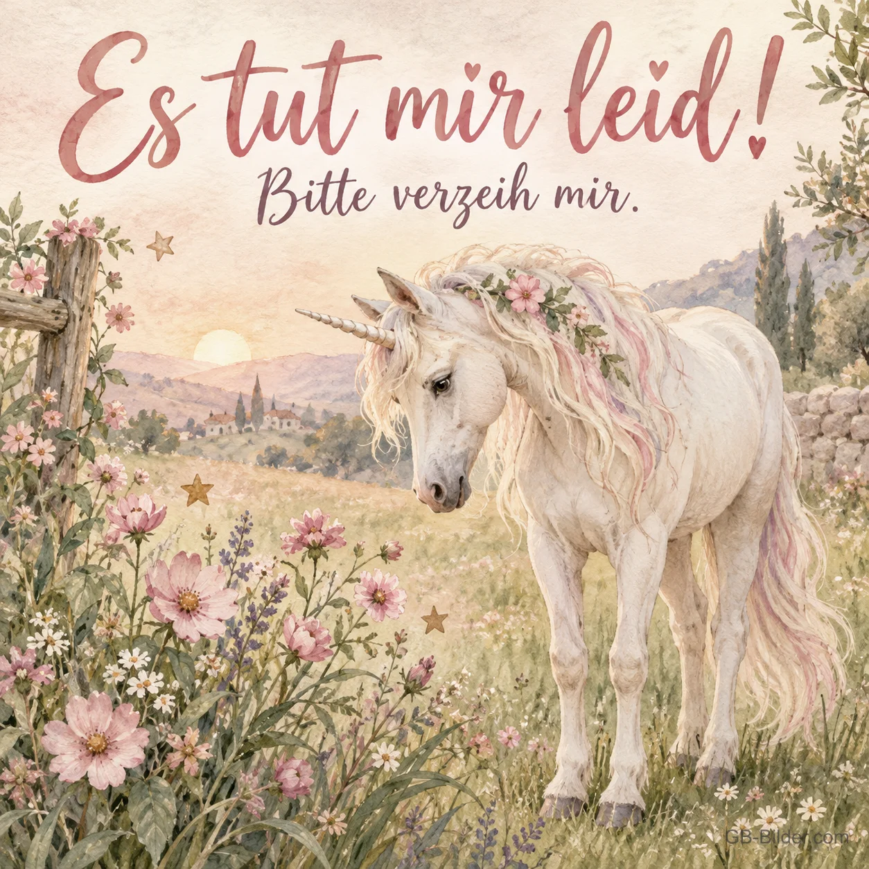 Weißes Einhorn auf einer Blumenwiese, Text: Es tut mir leid! Bitte verzeih mir. Weißes Einhorn auf einer Blumenwiese, Text: Es tut mir leid! Bitte verzeih mir.