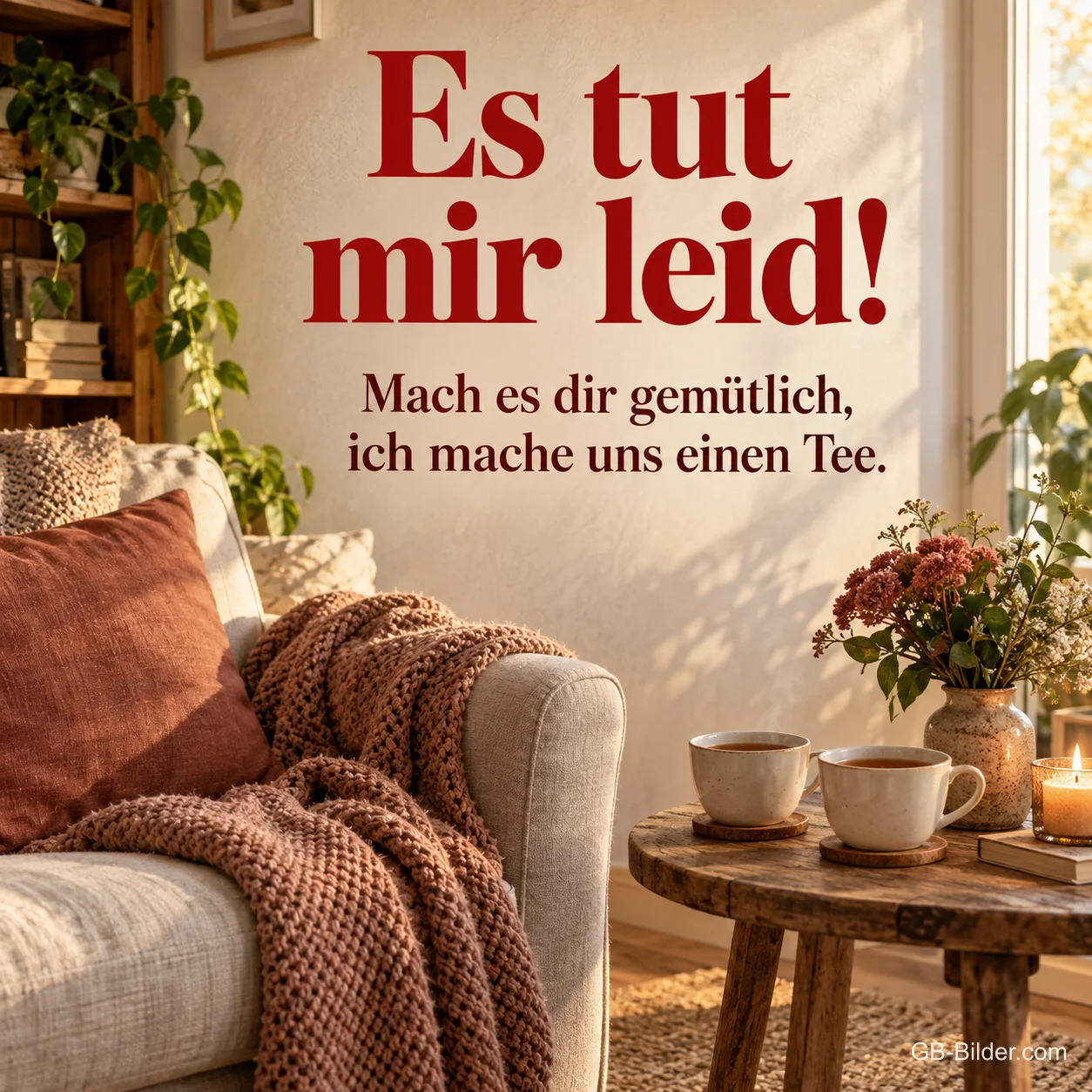Zwei Teetassen vor einem Sofa, Text: Es tut mir leid! Ich mache uns einen Tee. Zwei Teetassen vor einem Sofa, Text: Es tut mir leid! Ich mache uns einen Tee.