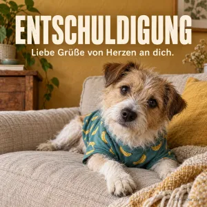 Terrier im Pyjama auf dem Sofa, Text: Entschuldigung – Liebe Grüße von Herzen an dich.