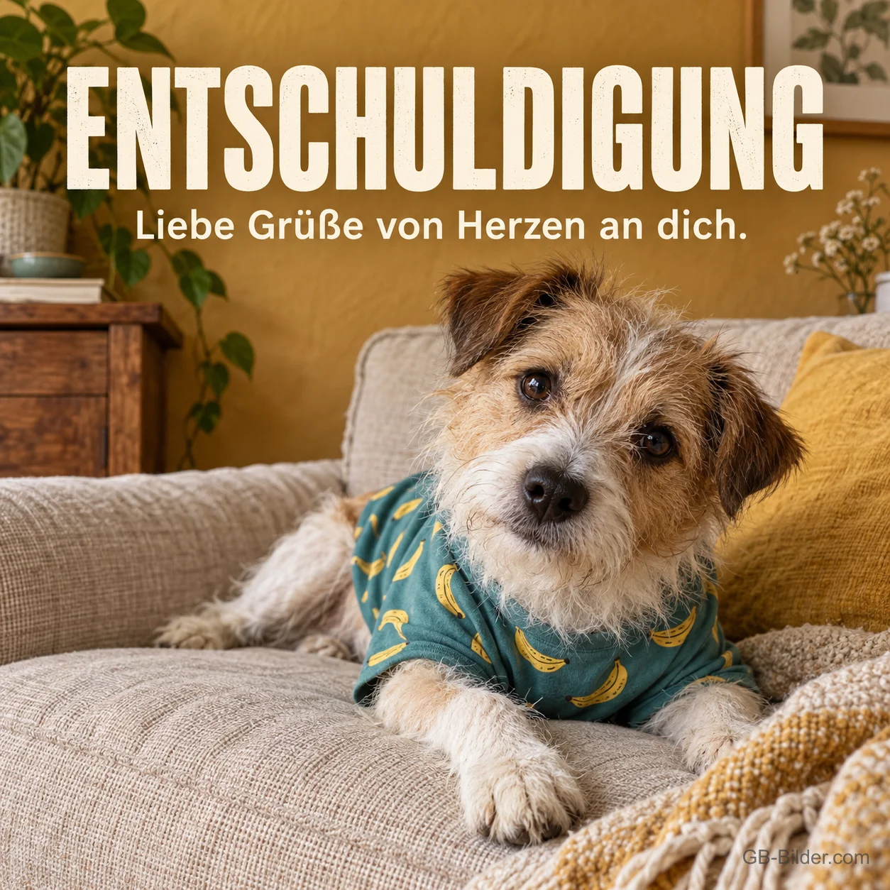 Terrier im Pyjama auf dem Sofa, Text: Entschuldigung – Liebe Grüße von Herzen an dich. Terrier im Pyjama auf dem Sofa, Text: Entschuldigung – Liebe Grüße von Herzen an dich.