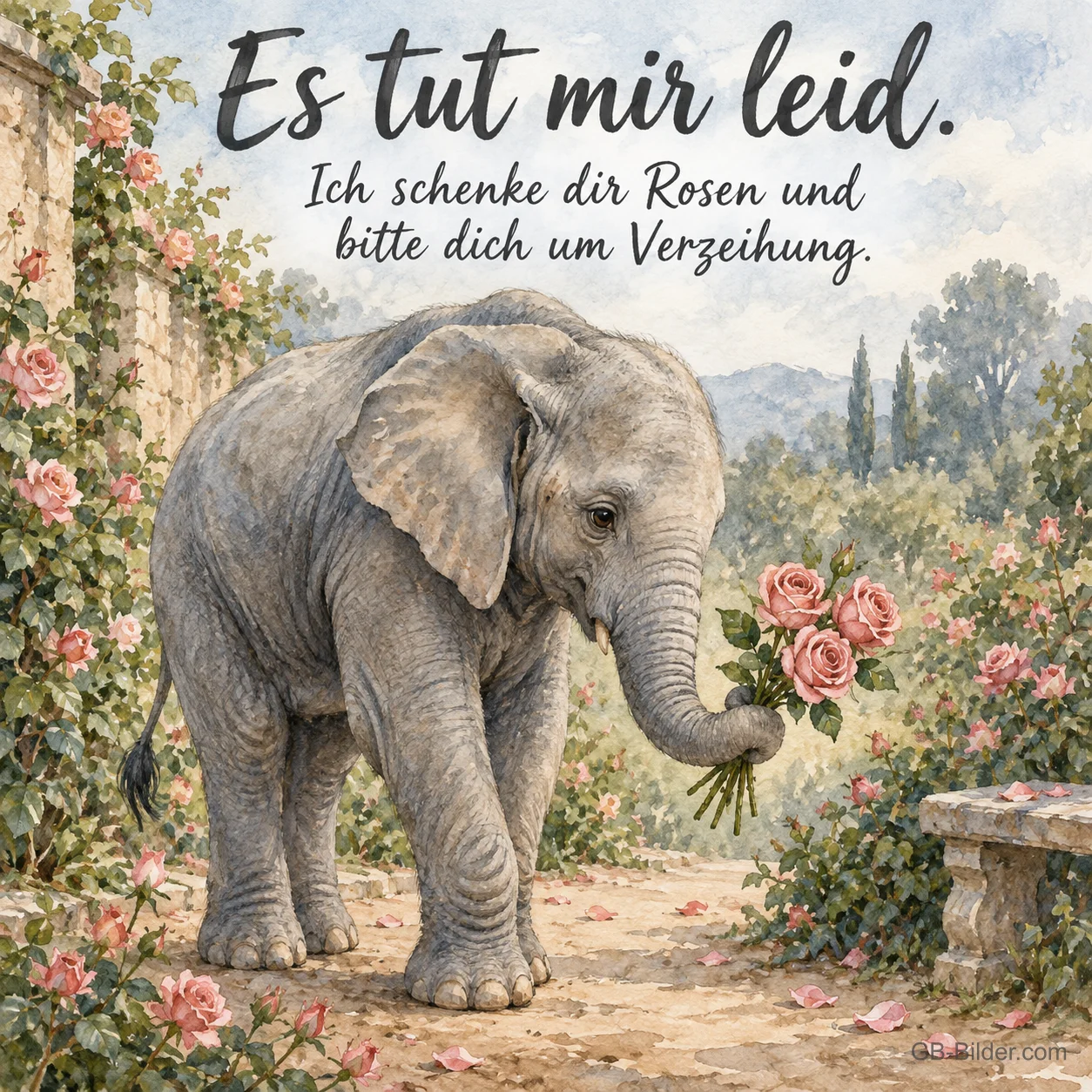 Elefant mit Rosenstrauß, Text: Es tut mir leid. Ich schenke dir Rosen und bitte dich um Verzeihung. Elefant mit Rosenstrauß, Text: Es tut mir leid. Ich schenke dir Rosen und bitte dich um Verzeihung.