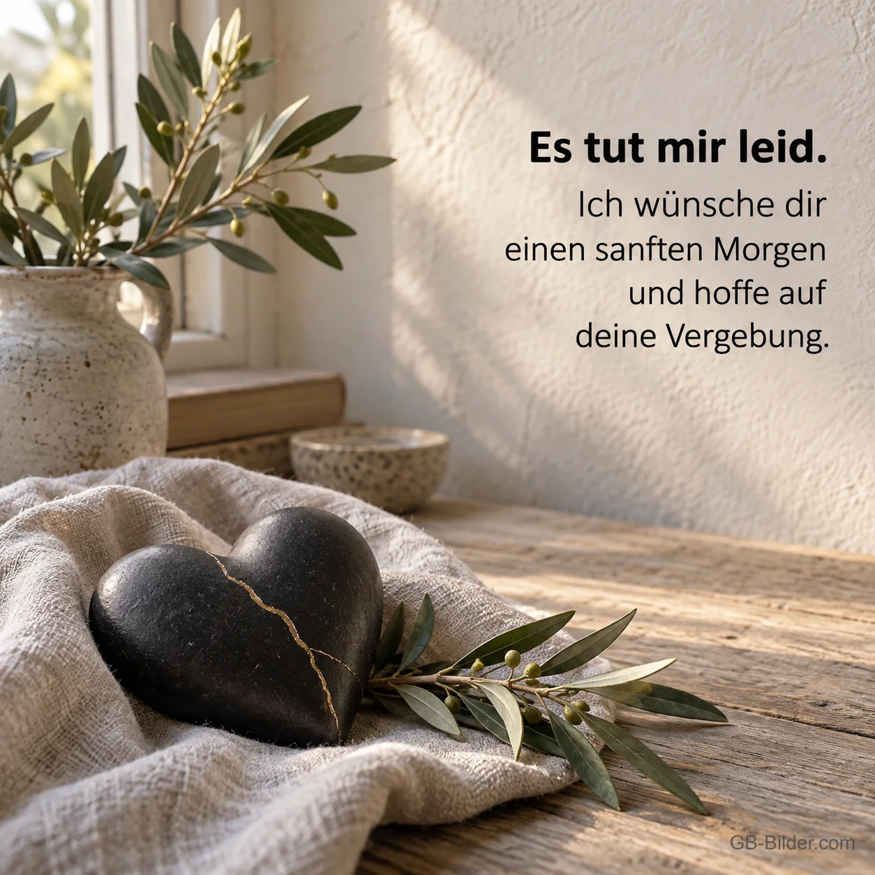 Geflicktes Steinherz mit Olivenzweigen, Text: Es tut mir leid. Geflicktes Steinherz mit Olivenzweigen, Text: Es tut mir leid.