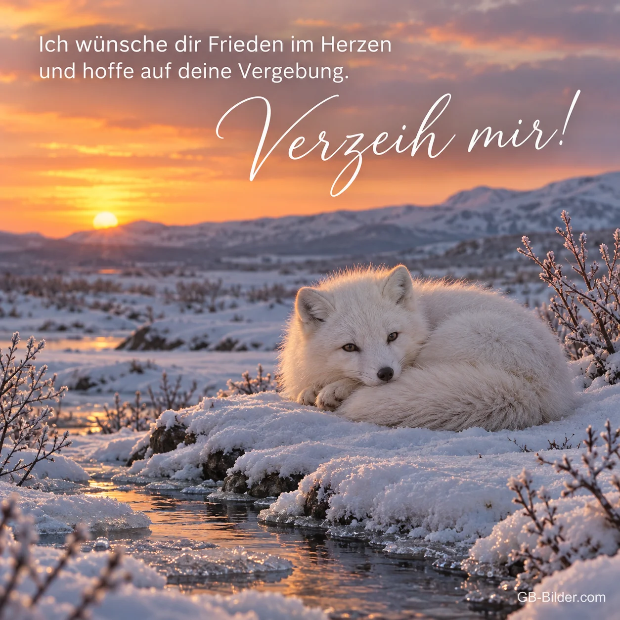 Polarfuchs im Schnee, Text: Verzeih mir! Polarfuchs im Schnee, Text: Verzeih mir!