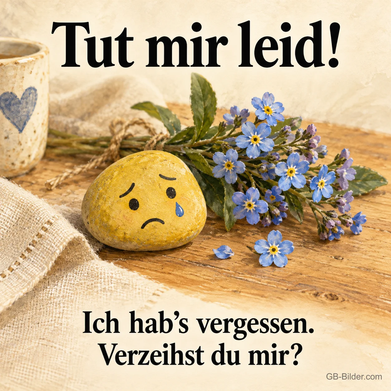 Stein mit traurigem Gesicht neben Vergissmeinnicht, Text: Tut mir leid! Ich hab's vergessen. Verzeihst du mir? Stein mit traurigem Gesicht neben Vergissmeinnicht, Text: Tut mir leid! Ich hab's vergessen. Verzeihst du mir?