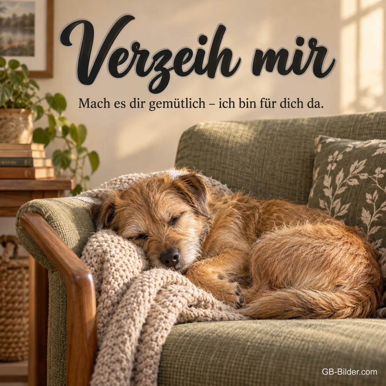 Schlafender Terrier im Sessel, Text: Verzeih mir – ich bin für dich da. Schlafender Terrier im Sessel, Text: Verzeih mir – ich bin für dich da.