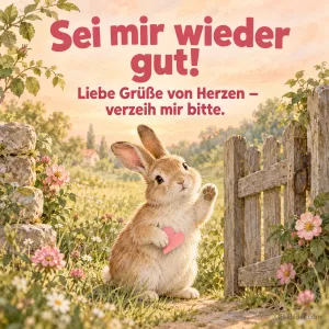 Winkender Hase mit Herz am Gartentor, Text: Sei mir wieder gut! Verzeih mir bitte.