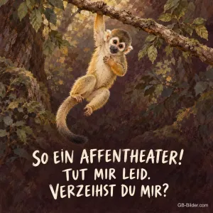 Totenkopfäffchen an einem Ast, Text: So ein Affentheater! Tut mir leid. Verzeihst du mir?