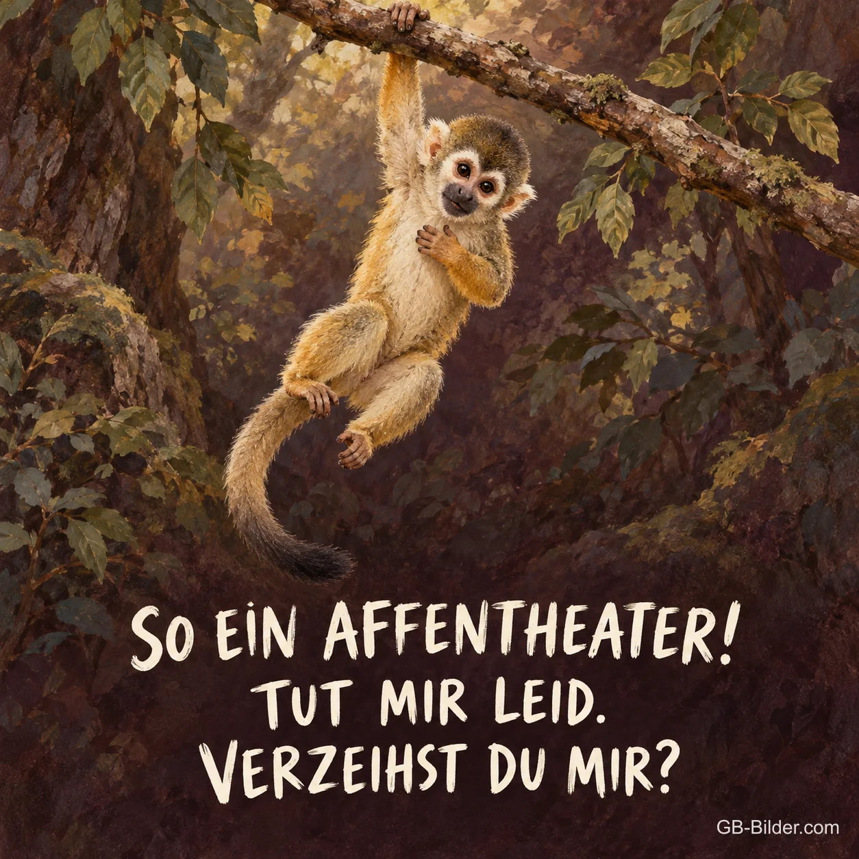 Totenkopfäffchen an einem Ast, Text: So ein Affentheater! Tut mir leid. Verzeihst du mir? Totenkopfäffchen an einem Ast, Text: So ein Affentheater! Tut mir leid. Verzeihst du mir?