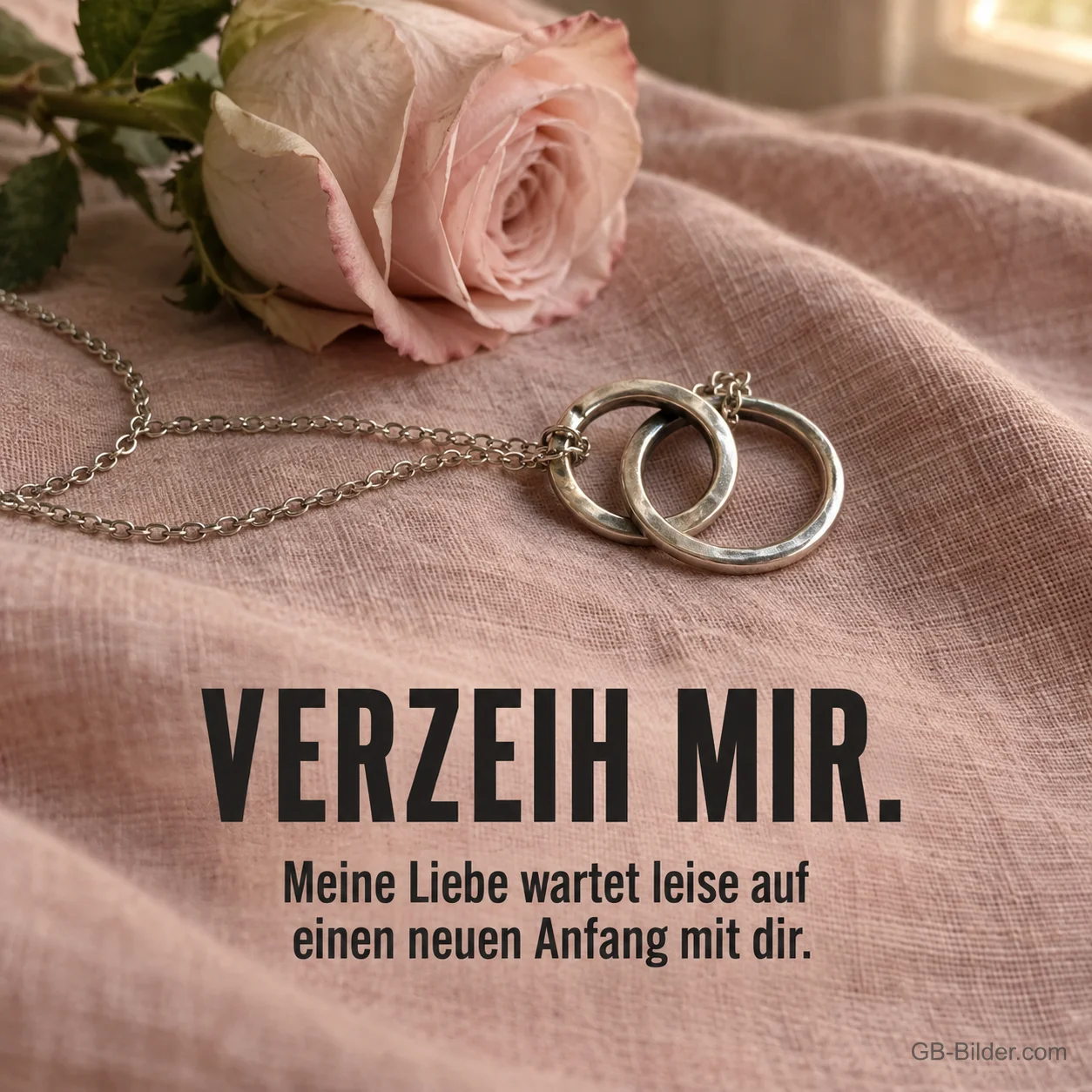 Kette mit verschlungenen Ringen und Rose, Text: Verzeih mir. Kette mit verschlungenen Ringen und Rose, Text: Verzeih mir.