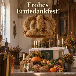 Eine Erntekrone aus Weizen hängt in einer Dorfkirche, der Altar ist mit Kürbissen, Äpfeln und Brot geschmückt, Text: Frohes Erntedankfest!