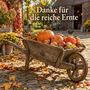 Eine alte Holzschubkarre voller Kürbisse und Äpfel steht im herbstlichen Bauernhof, Text: Danke für die reiche Ernte