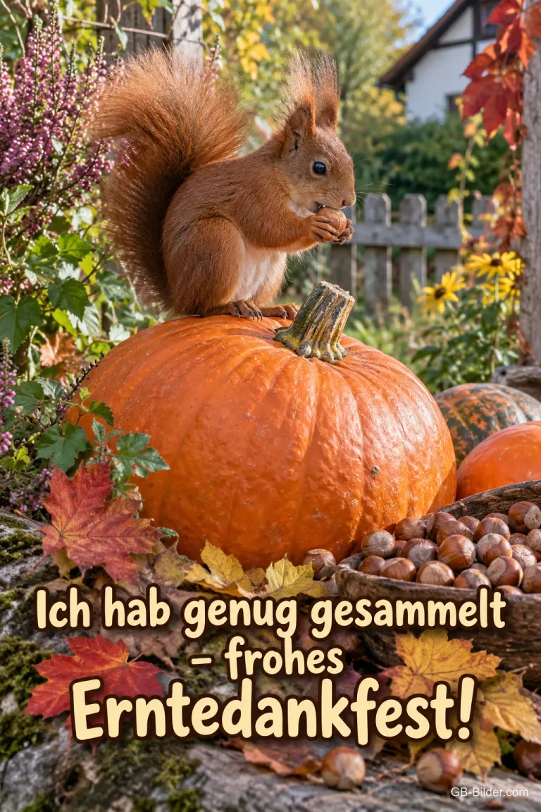 Ein Eichhörnchen sitzt mit einer Haselnuss auf einem großen Kürbis zwischen Herbstlaub, Text: Ich hab genug gesammelt – frohes Erntedankfest!