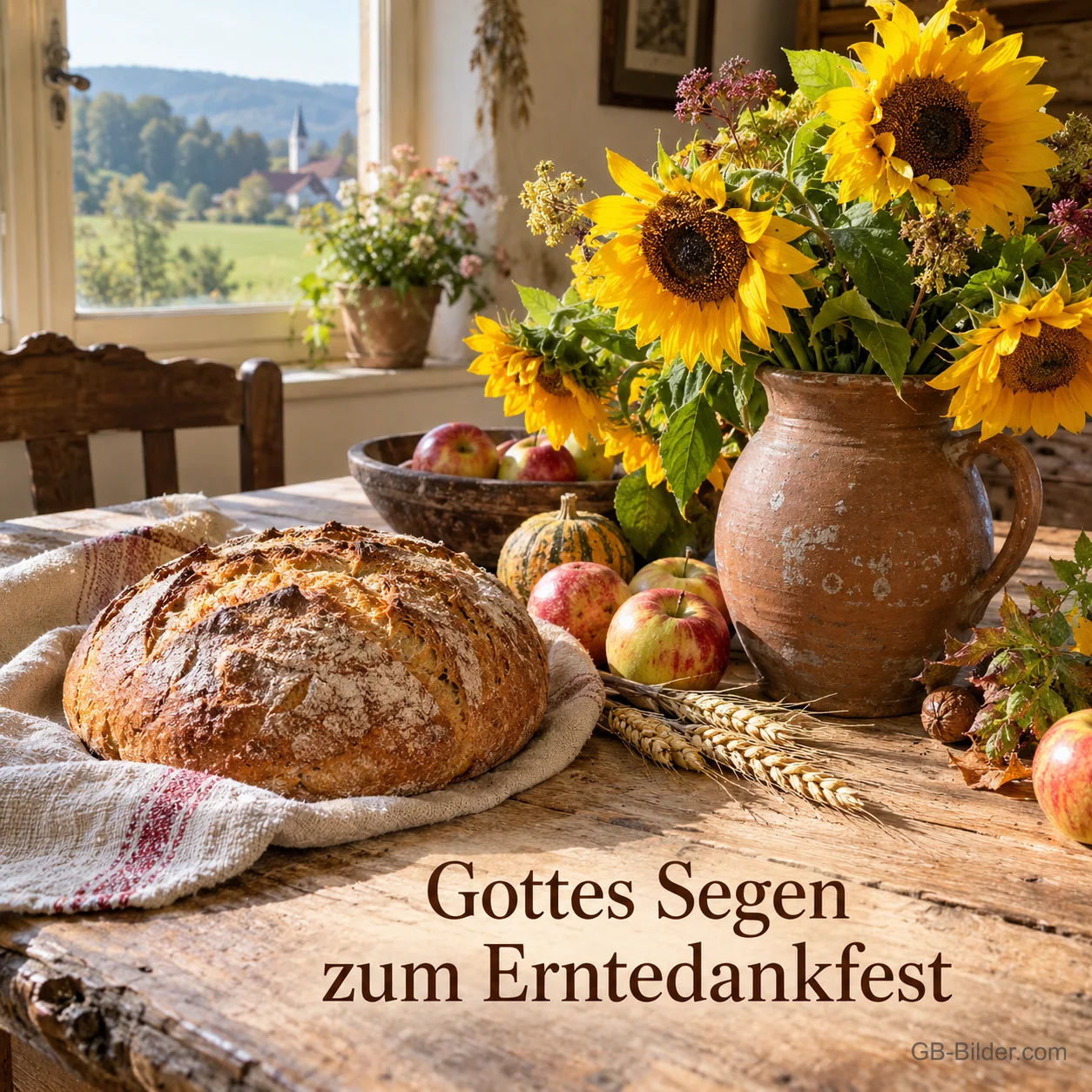 Sonnenblumen in einem Tonkrug und ein frisches Brot liegen auf einem Bauernhaustisch, Text: Gottes Segen zum Erntedankfest Sonnenblumen in einem Tonkrug und ein frisches Brot liegen auf einem Bauernhaustisch, Text: Gottes Segen zum Erntedankfest