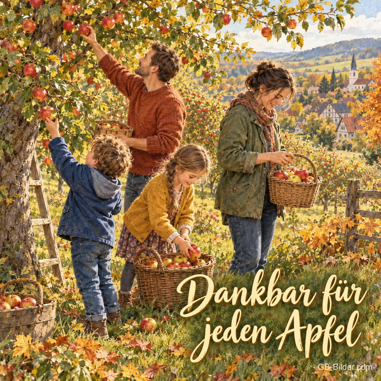 Eine Familie pflückt im Obstgarten Äpfel und sammelt sie in Körben, Text: Dankbar für jeden Apfel Eine Familie pflückt im Obstgarten Äpfel und sammelt sie in Körben, Text: Dankbar für jeden Apfel