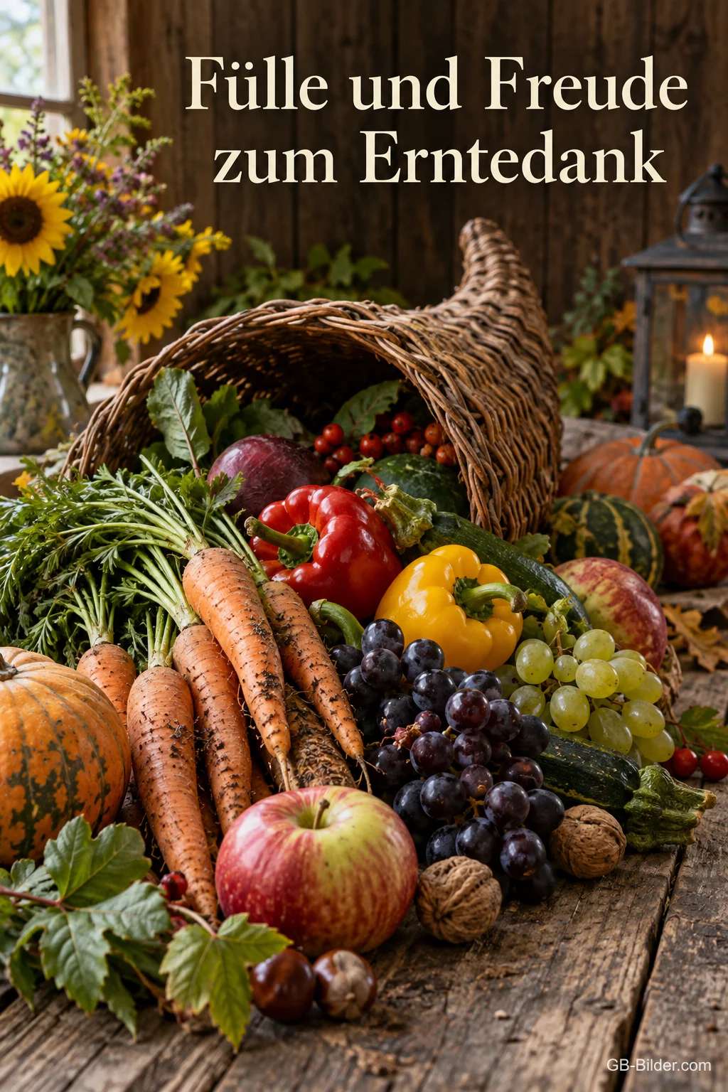 Ein Füllhorn voller Möhren, Trauben, Paprika und Äpfel liegt auf dunklem Holz, Text: Fülle und Freude zum Erntedank Ein Füllhorn voller Möhren, Trauben, Paprika und Äpfel liegt auf dunklem Holz, Text: Fülle und Freude zum Erntedank