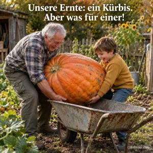 Ein Großvater und sein Enkel wuchten lachend einen riesigen Kürbis in eine Schubkarre, Text: Unsere Ernte: ein Kürbis. Aber was für einer!