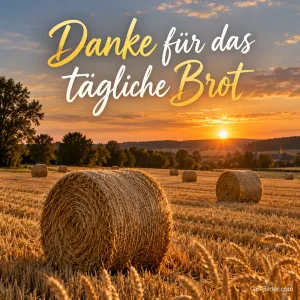 Ein goldenes Stoppelfeld mit runden Strohballen liegt im Licht der untergehenden Sonne, Text: Danke für das tägliche Brot