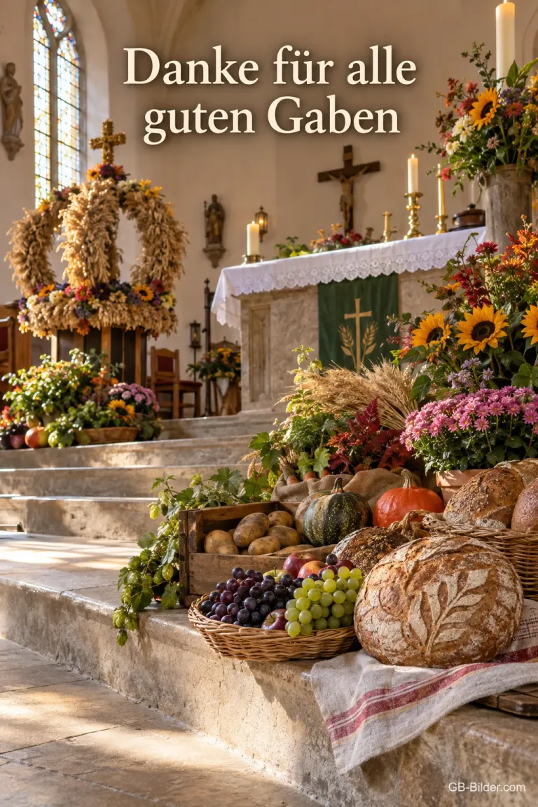 Die Altarstufen einer Dorfkirche sind mit Brot, Trauben, Kartoffeln und Blumen geschmückt, Text: Danke für alle guten Gaben