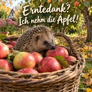 Ein Igel sitzt in einem Korb voller roter Äpfel im Garten, Text: Erntedank? Ich nehm die Äpfel!