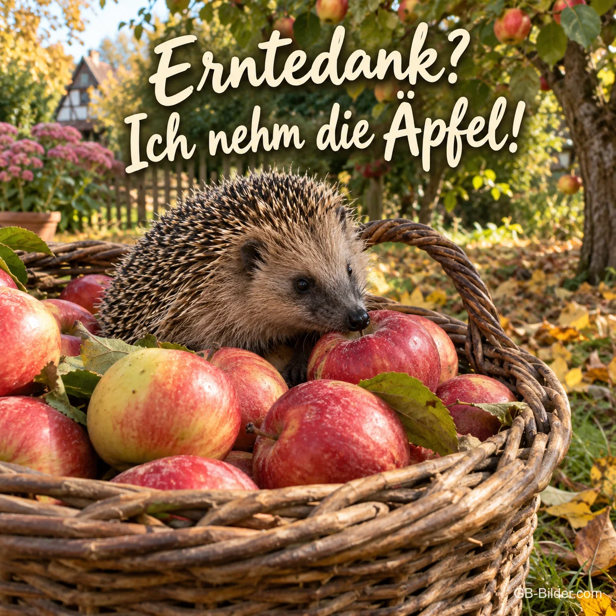 Ein Igel sitzt in einem Korb voller roter Äpfel im Garten, Text: Erntedank? Ich nehm die Äpfel! Ein Igel sitzt in einem Korb voller roter Äpfel im Garten, Text: Erntedank? Ich nehm die Äpfel!