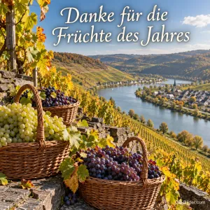Körbe mit Trauben stehen in einem Weinberg hoch über der Moselschleife, Text: Danke für die Früchte des Jahres