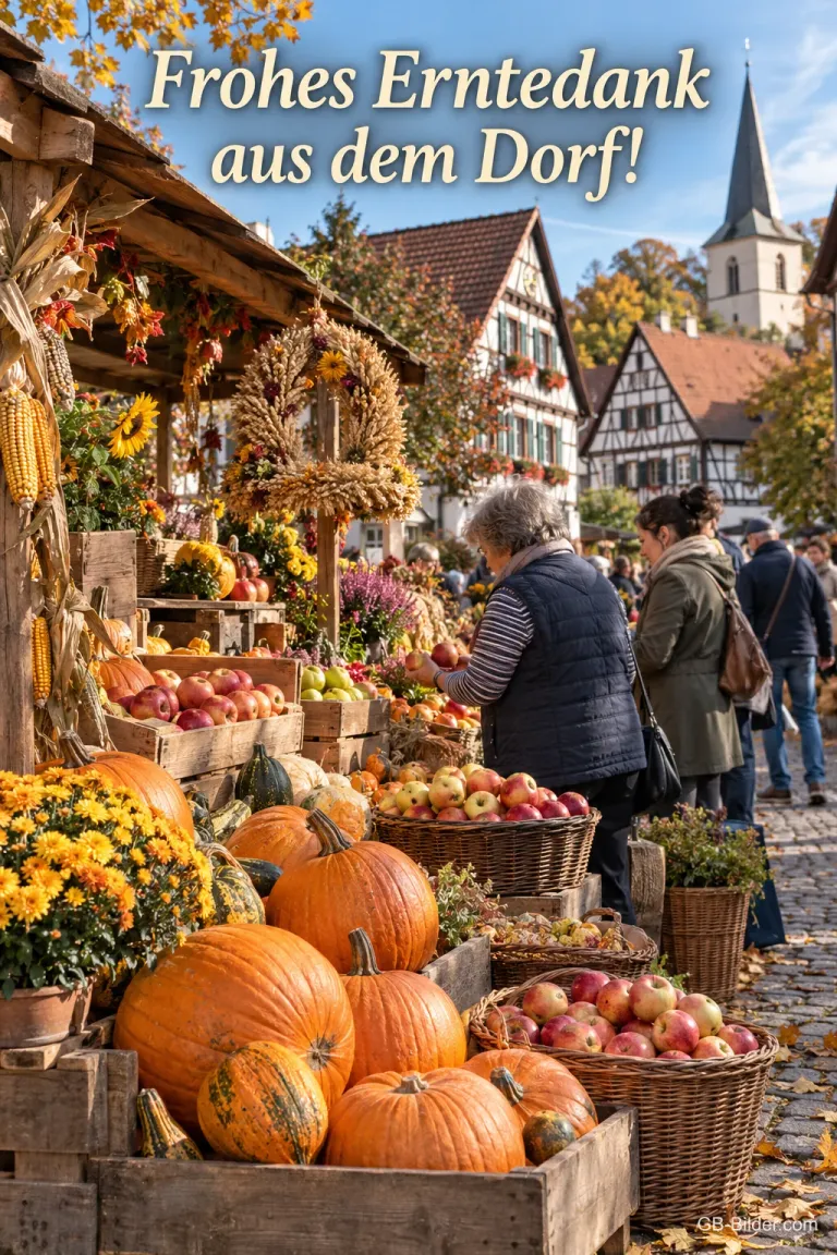 Ein Marktstand mit Kürbissen und Äpfeln steht vor Fachwerkhäusern in einem Dorf, Text: Frohes Erntedank aus dem Dorf!