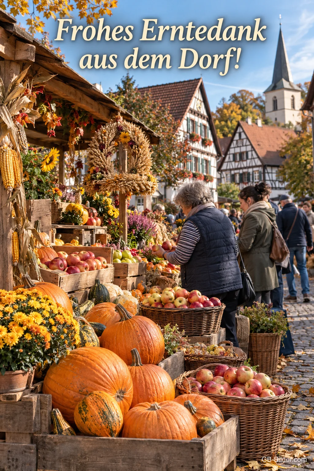Ein Marktstand mit Kürbissen und Äpfeln steht vor Fachwerkhäusern in einem Dorf, Text: Frohes Erntedank aus dem Dorf! Ein Marktstand mit Kürbissen und Äpfeln steht vor Fachwerkhäusern in einem Dorf, Text: Frohes Erntedank aus dem Dorf!