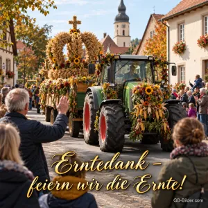 Ein geschmückter Traktor mit Erntekrone fährt beim Erntedankumzug durch das Dorf, Zuschauer winken, Text: Erntedank – feiern wir die Ernte!