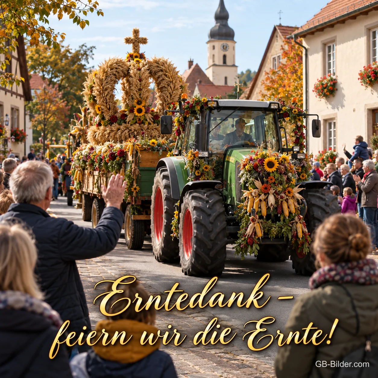 Ein geschmückter Traktor mit Erntekrone fährt beim Erntedankumzug durch das Dorf, Zuschauer winken, Text: Erntedank – feiern wir die Ernte! Ein geschmückter Traktor mit Erntekrone fährt beim Erntedankumzug durch das Dorf, Zuschauer winken, Text: Erntedank – feiern wir die Ernte!