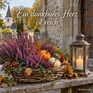Heidekraut und kleine Kürbisse liegen in einem Korb neben einer Laterne vor einer Kirche, Text: Ein dankbares Herz ist reich