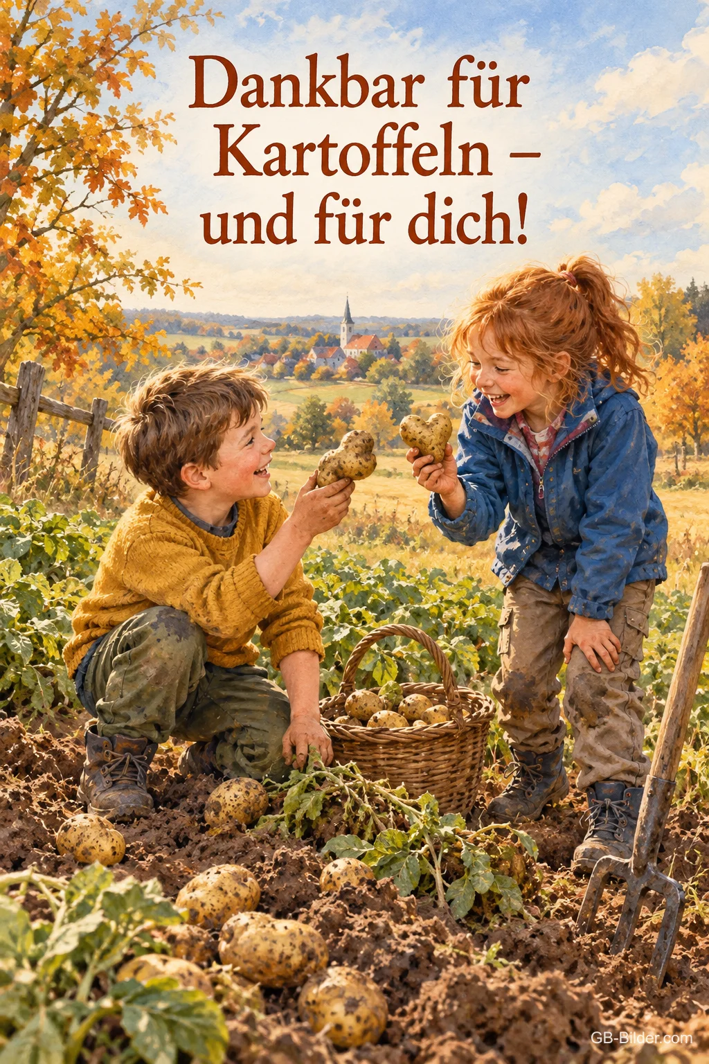 Zwei Kinder sammeln auf dem Acker Kartoffeln und zeigen sie sich lachend, Text: Dankbar für Kartoffeln – und für dich! Zwei Kinder sammeln auf dem Acker Kartoffeln und zeigen sie sich lachend, Text: Dankbar für Kartoffeln – und für dich!