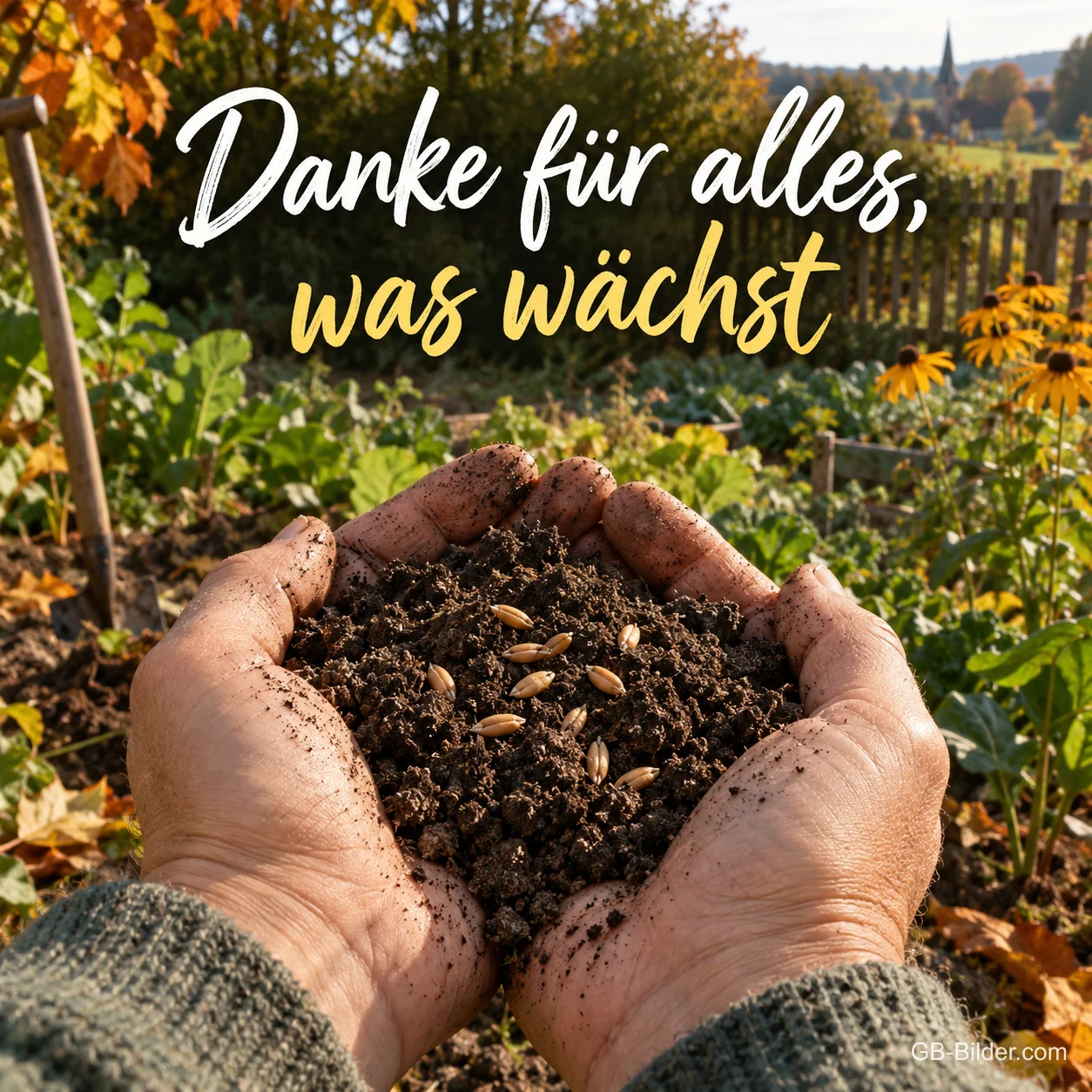 Zwei Hände halten dunkle Erde mit Saatkörnern im herbstlichen Garten, Text: Danke für alles, was wächst Zwei Hände halten dunkle Erde mit Saatkörnern im herbstlichen Garten, Text: Danke für alles, was wächst