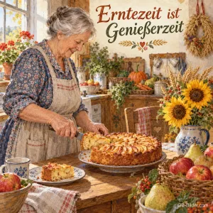 Eine Großmutter schneidet in der Bauernküche voller Ernte einen Apfelkuchen an, Text: Erntezeit ist Genießerzeit