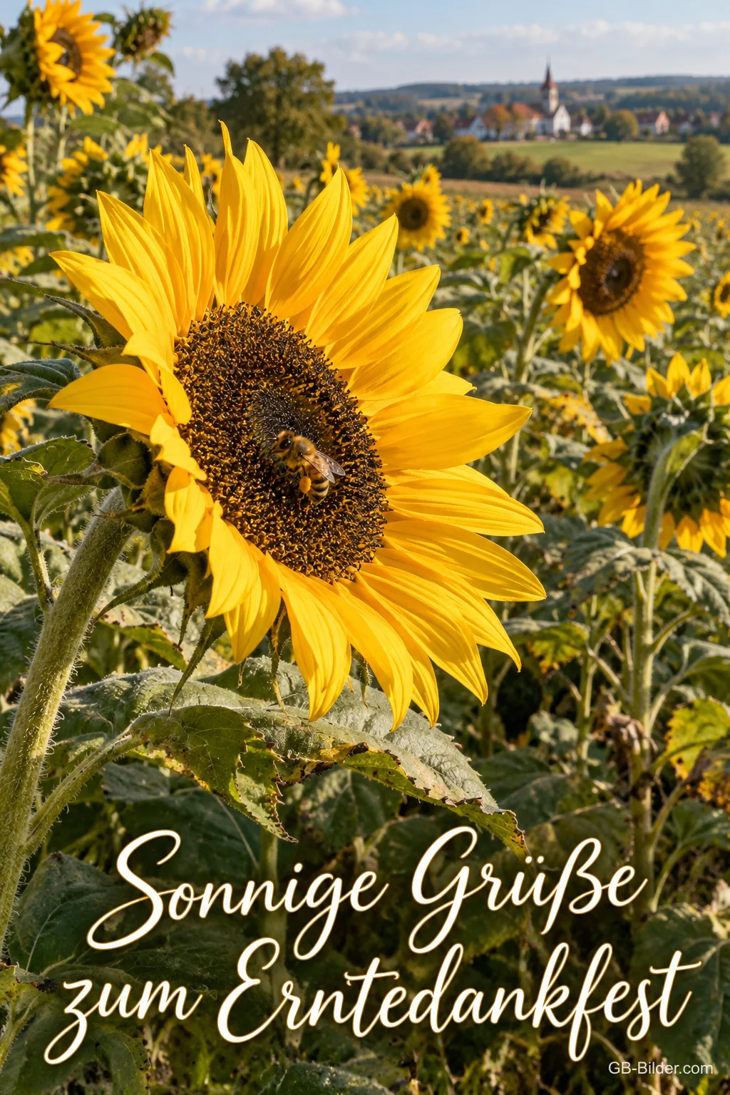 Eine Biene sitzt auf einer großen Sonnenblume in einem leuchtenden Sonnenblumenfeld, Text: Sonnige Grüße zum Erntedankfest Eine Biene sitzt auf einer großen Sonnenblume in einem leuchtenden Sonnenblumenfeld, Text: Sonnige Grüße zum Erntedankfest