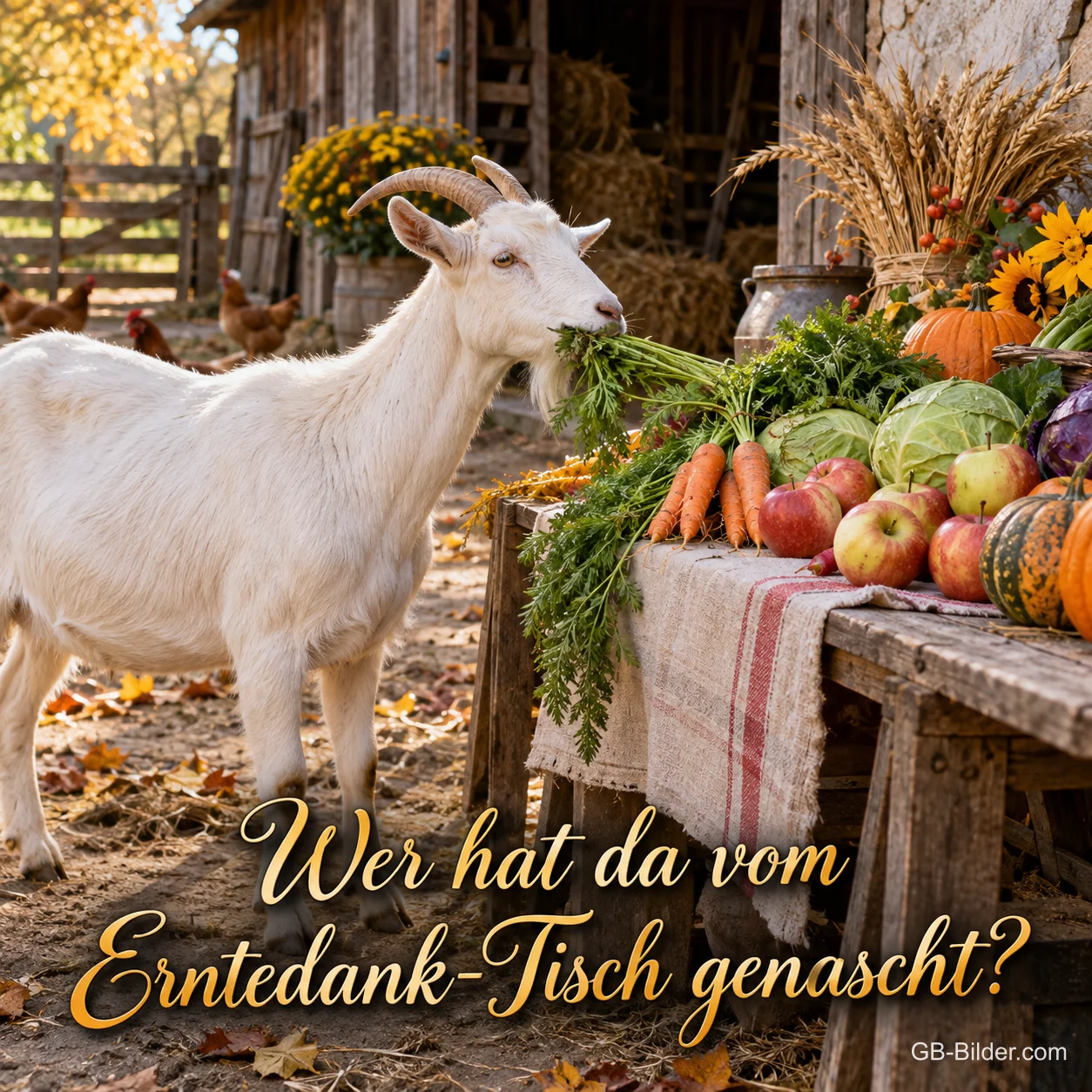 Eine weiße Ziege knabbert auf dem Bauernhof an einem Erntetisch mit Gemüse und Äpfeln, Text: Wer hat da vom Erntedank-Tisch genascht? Eine weiße Ziege knabbert auf dem Bauernhof an einem Erntetisch mit Gemüse und Äpfeln, Text: Wer hat da vom Erntedank-Tisch genascht?