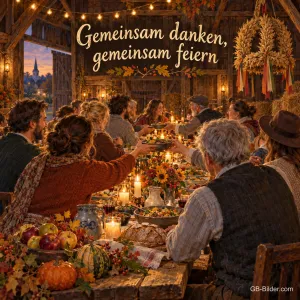 Viele Menschen sitzen abends in einer geschmückten Scheune an einer langen Erntetafel und reichen sich Schüsseln, Text: Gemeinsam danken, gemeinsam feiern