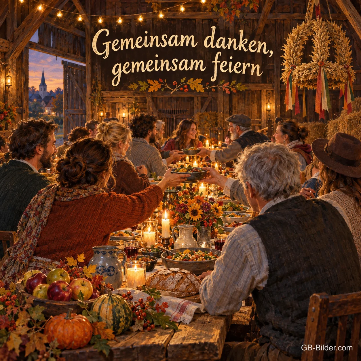 Viele Menschen sitzen abends in einer geschmückten Scheune an einer langen Erntetafel und reichen sich Schüsseln, Text: Gemeinsam danken, gemeinsam feiern Viele Menschen sitzen abends in einer geschmückten Scheune an einer langen Erntetafel und reichen sich Schüsseln, Text: Gemeinsam danken, gemeinsam feiern