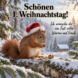 Eichhörnchen mit Weihnachtsmütze im Schnee, Text: Schönen 1. Weihnachtstag!