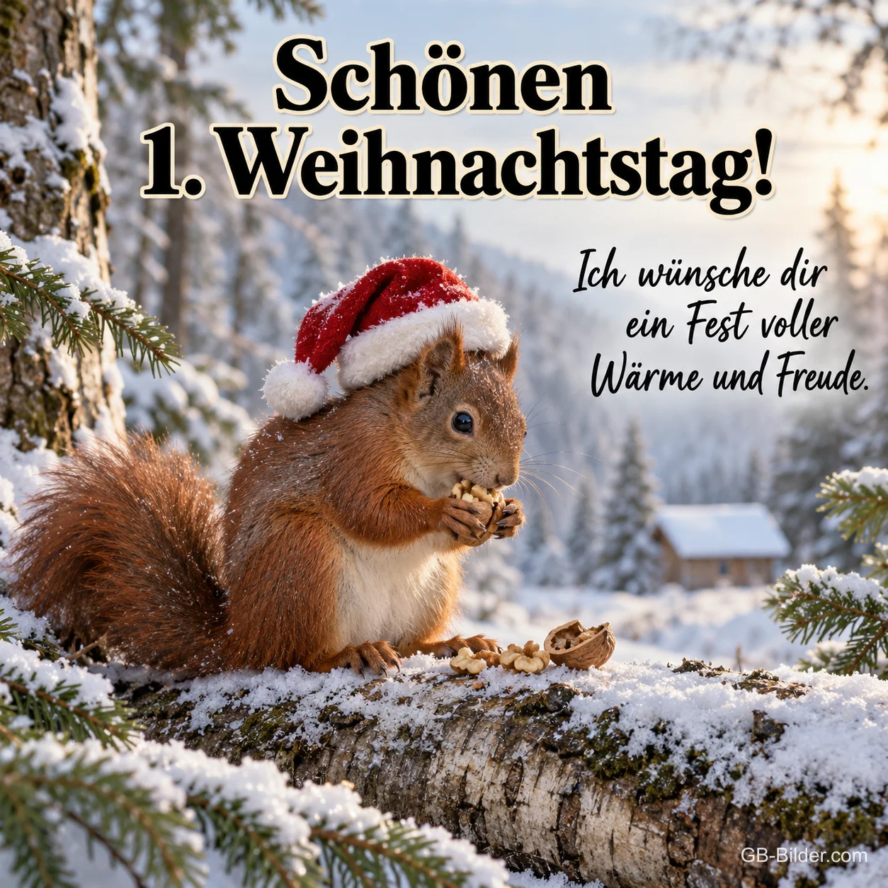 Eichhörnchen mit Weihnachtsmütze im Schnee, Text: Schönen 1. Weihnachtstag!