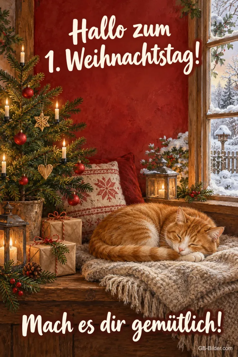 Schlafender Kater vor dem Weihnachtsbaum, Text: Hallo zum 1. Weihnachtstag! Mach es dir gemütlich!