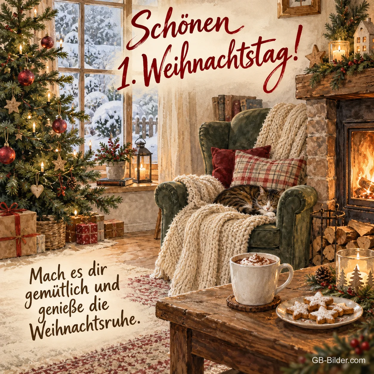Weihnachtliches Wohnzimmer mit Kamin, Text: Schönen 1. Weihnachtstag!