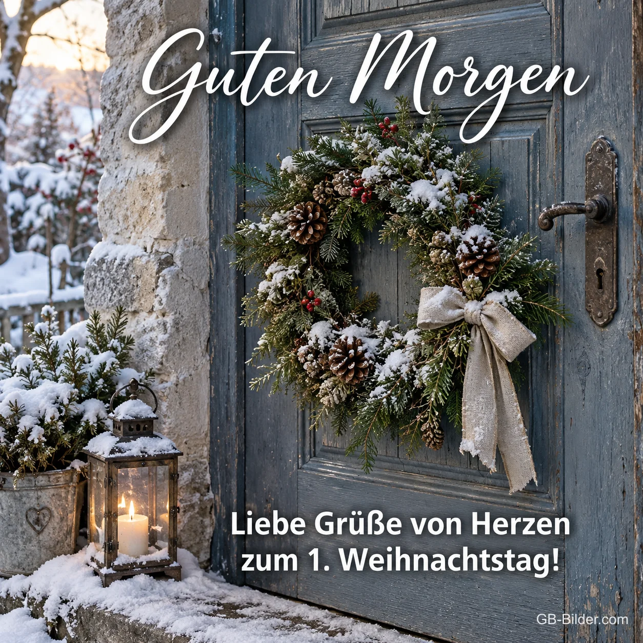 Tannenkranz an einer blauen Tür im Schnee, Text: Guten Morgen – Liebe Grüße zum 1. Weihnachtstag! Tannenkranz an einer blauen Tür im Schnee, Text: Guten Morgen – Liebe Grüße zum 1. Weihnachtstag!
