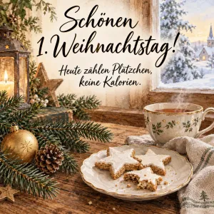 Zimtsterne und Teetasse am Fenster, Text: Schönen 1. Weihnachtstag! Heute zählen Plätzchen, keine Kalorien.