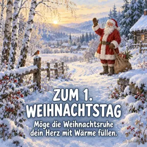 Weihnachtsmann winkt im verschneiten Dorf, Text: Zum 1. Weihnachtstag