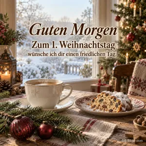 Kaffeetasse und Christstollen am Fenster, Text: Guten Morgen – Zum 1. Weihnachtstag
