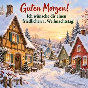 Bunte Fachwerkhäuser im verschneiten Dorf, Text: Guten Morgen! Ich wünsche dir einen friedlichen 1. Weihnachtstag!