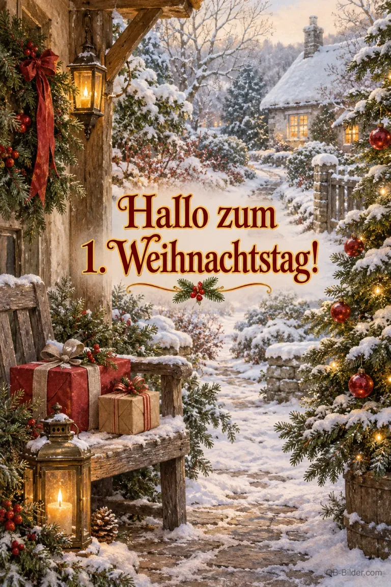 Bank mit Geschenken am verschneiten Weg, Text: Hallo zum 1. Weihnachtstag!