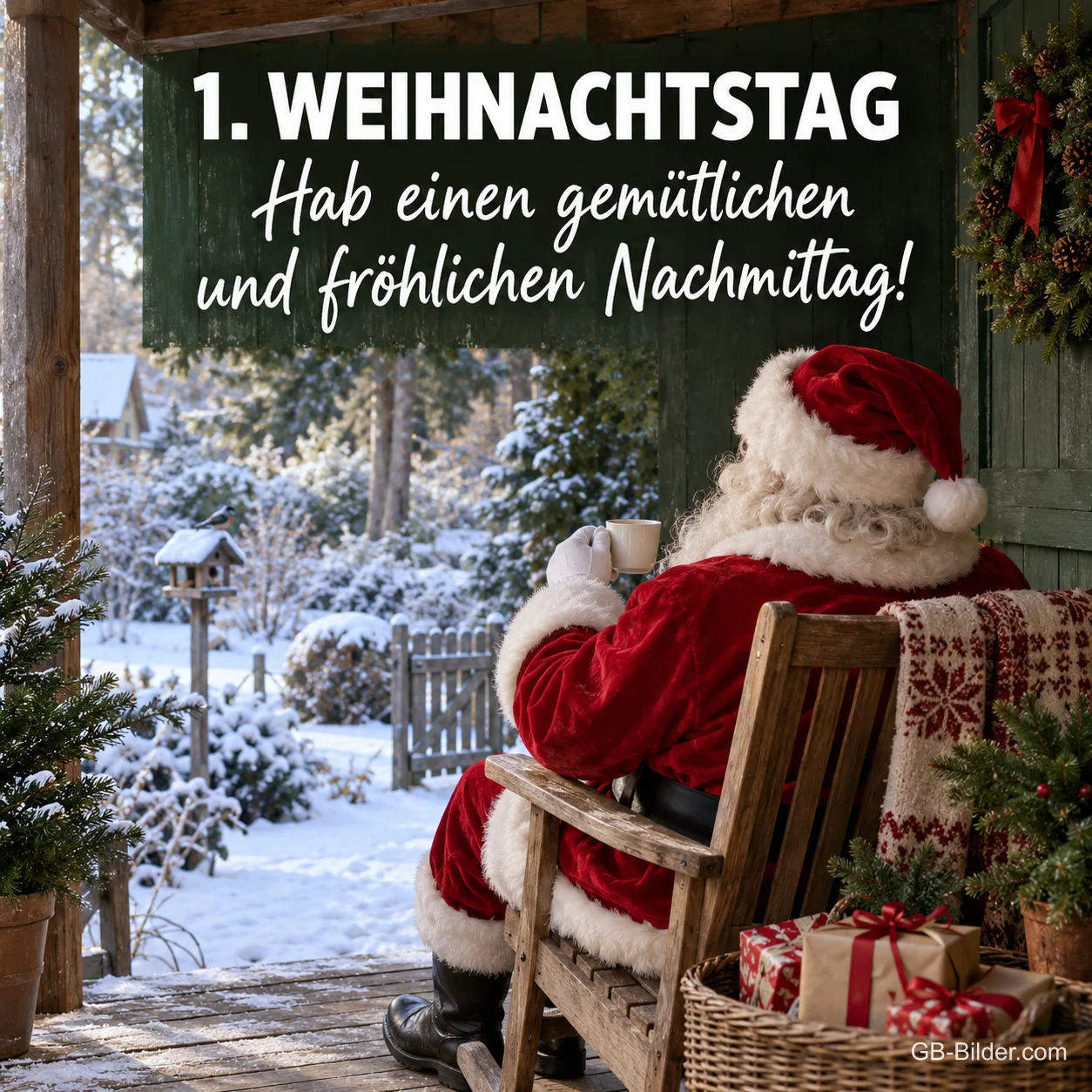 Weihnachtsmann mit Tasse auf der Veranda, Text: 1. Weihnachtstag – Hab einen gemütlichen Nachmittag!