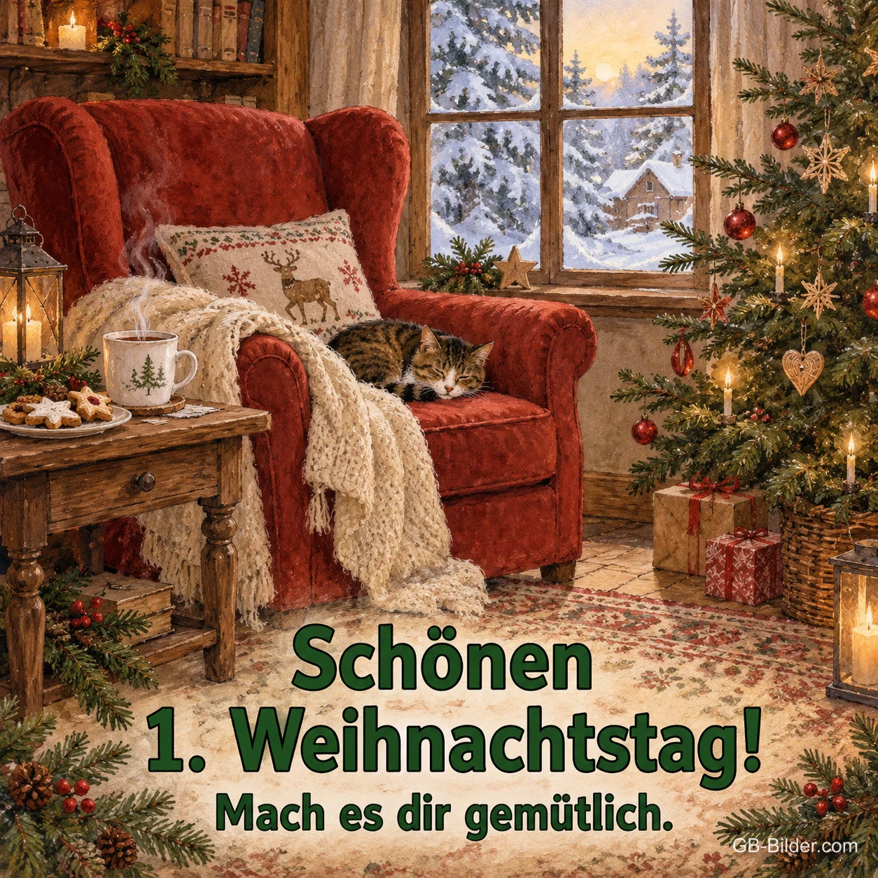 Katze im roten Sessel neben dem Weihnachtsbaum, Text: Schönen 1. Weihnachtstag!